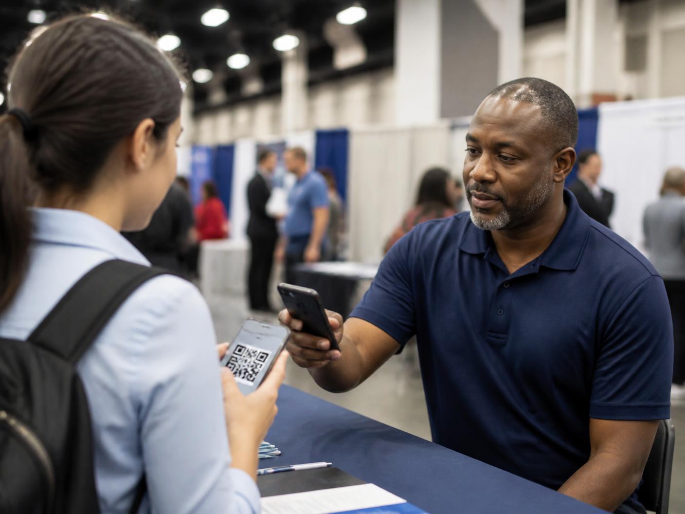 An employer at a career fair booth scanning a candidate's QR code with his phone.
