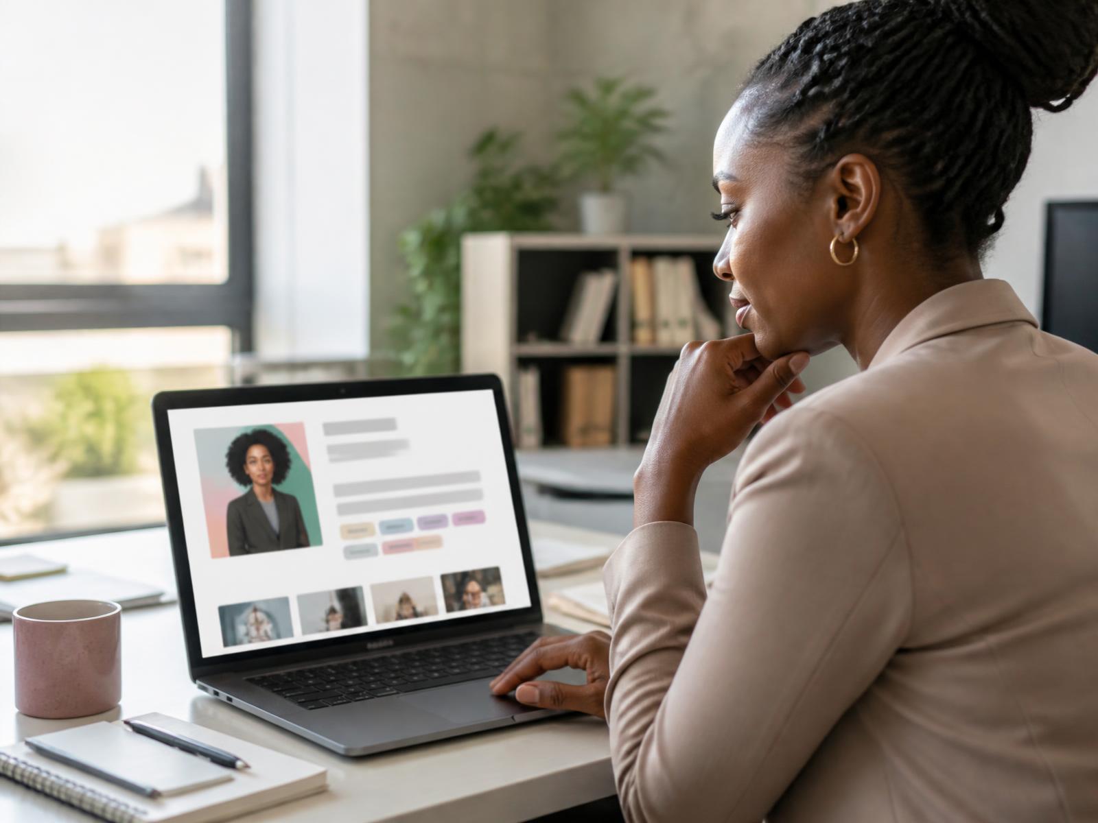 A hiring manager at a laptop reviewing a single candidate's visual career profile in a bright office.