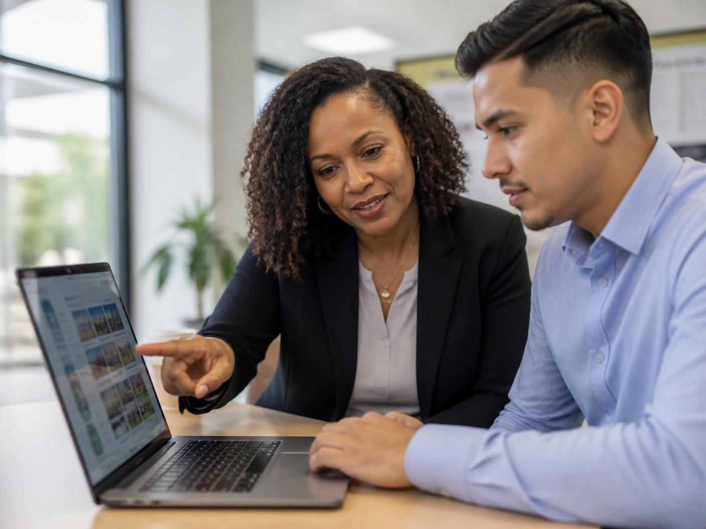 A hiring manager and a young adult candidate seated side by side, both looking at a laptop screen angled toward them while she points to a project photo in his visual career profile.