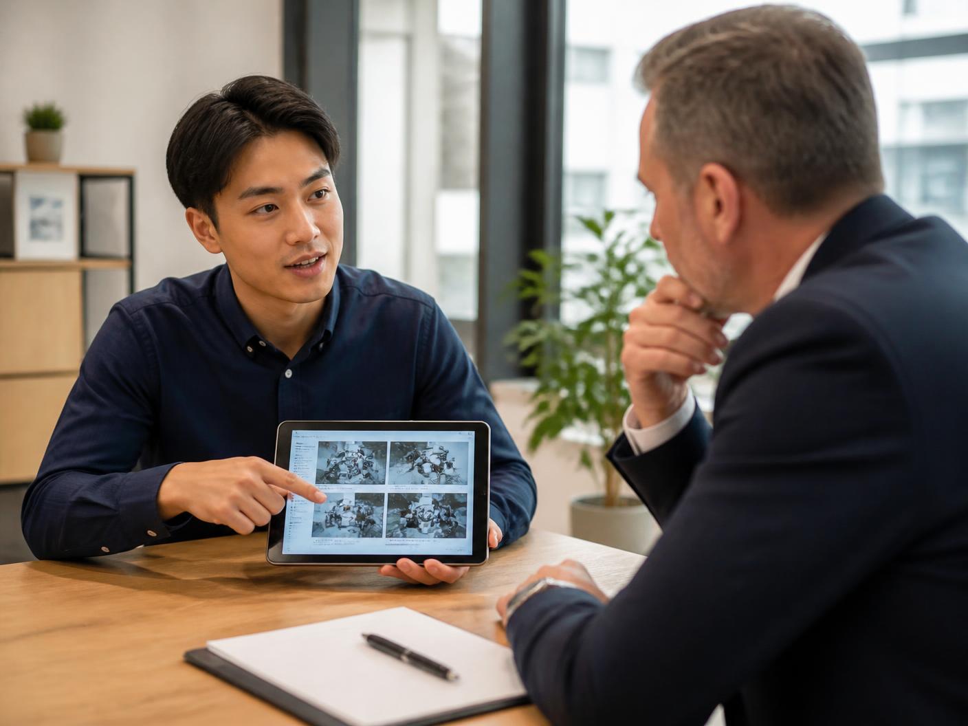 A candidate in an interview pointing at photos of a completed project on a tablet while a manager listens.