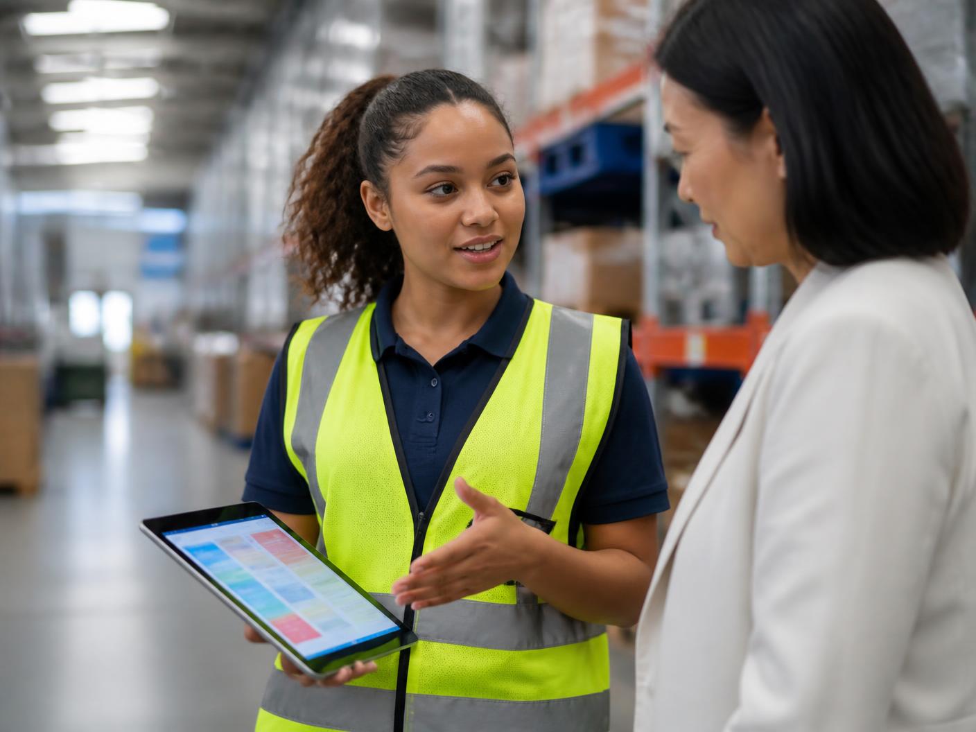 A young warehouse associate in a safety vest showing work records on a tablet to her supervisor.