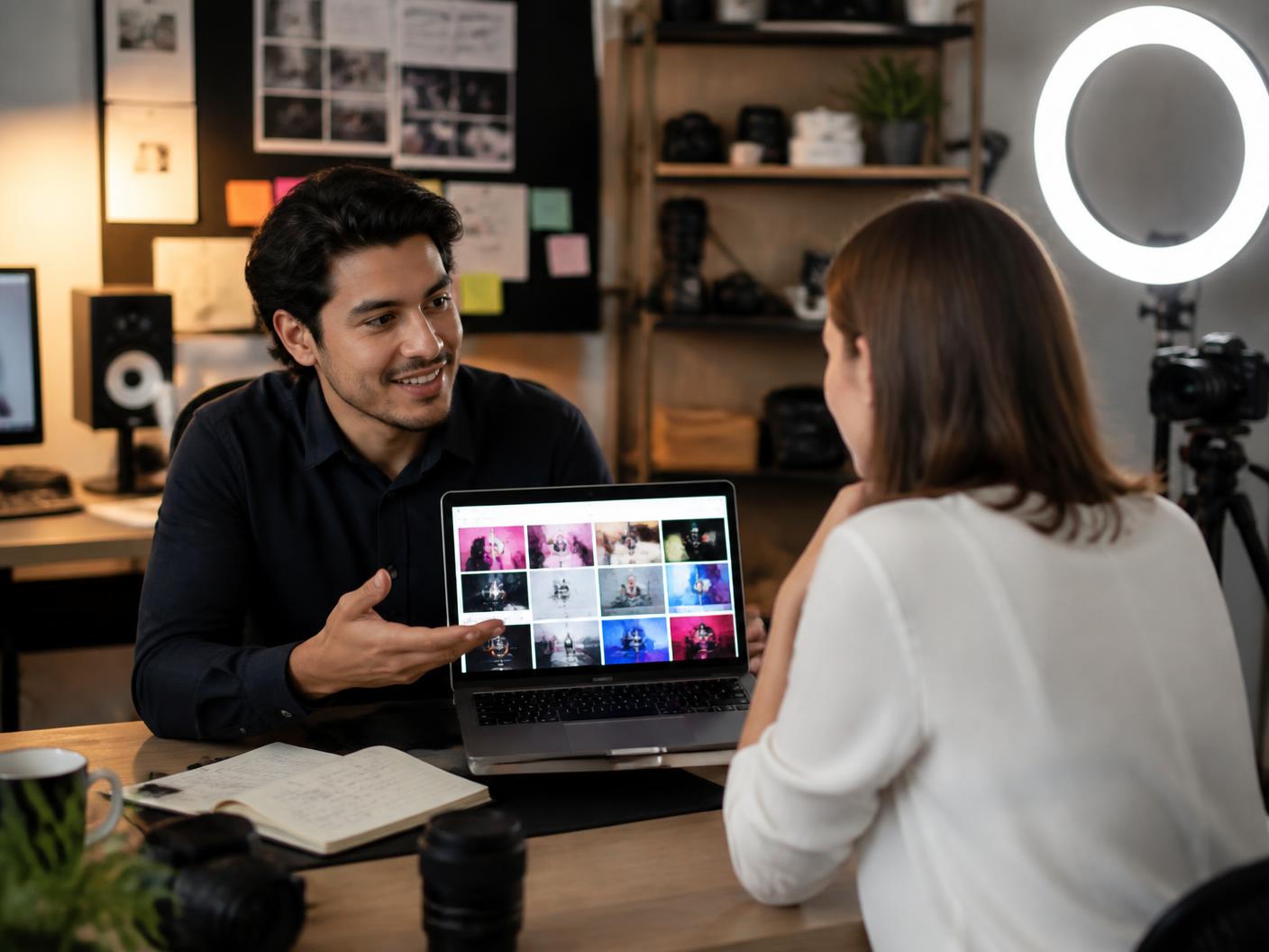 A young entrepreneur showing a portfolio of finished creative work on a laptop to a client in a small studio.