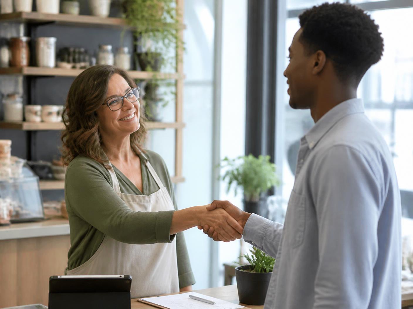 A small-business owner shaking hands with a young applicant at a bright cafe counter.