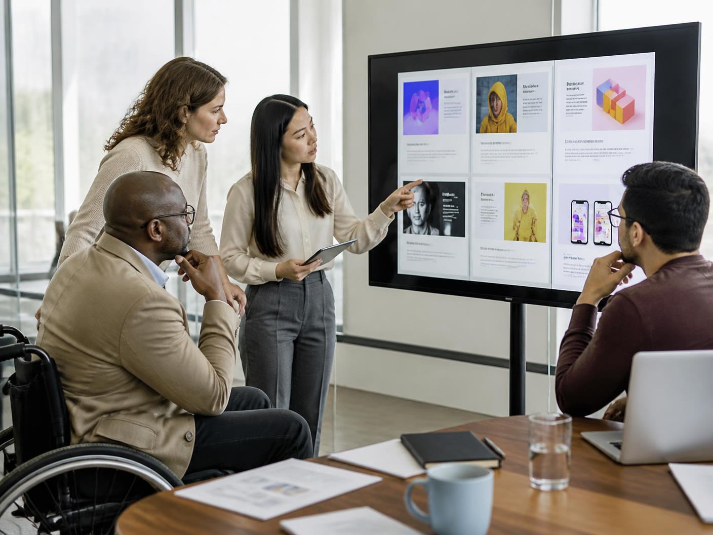 A diverse hiring team, including a man using a wheelchair, reviewing candidate work samples on a large screen.