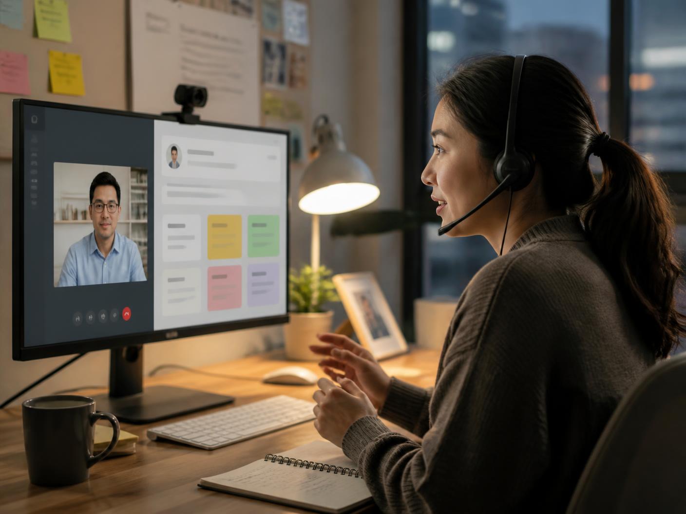 A recruiter wearing a headset conducting a virtual interview with a candidate profile open beside the video call.