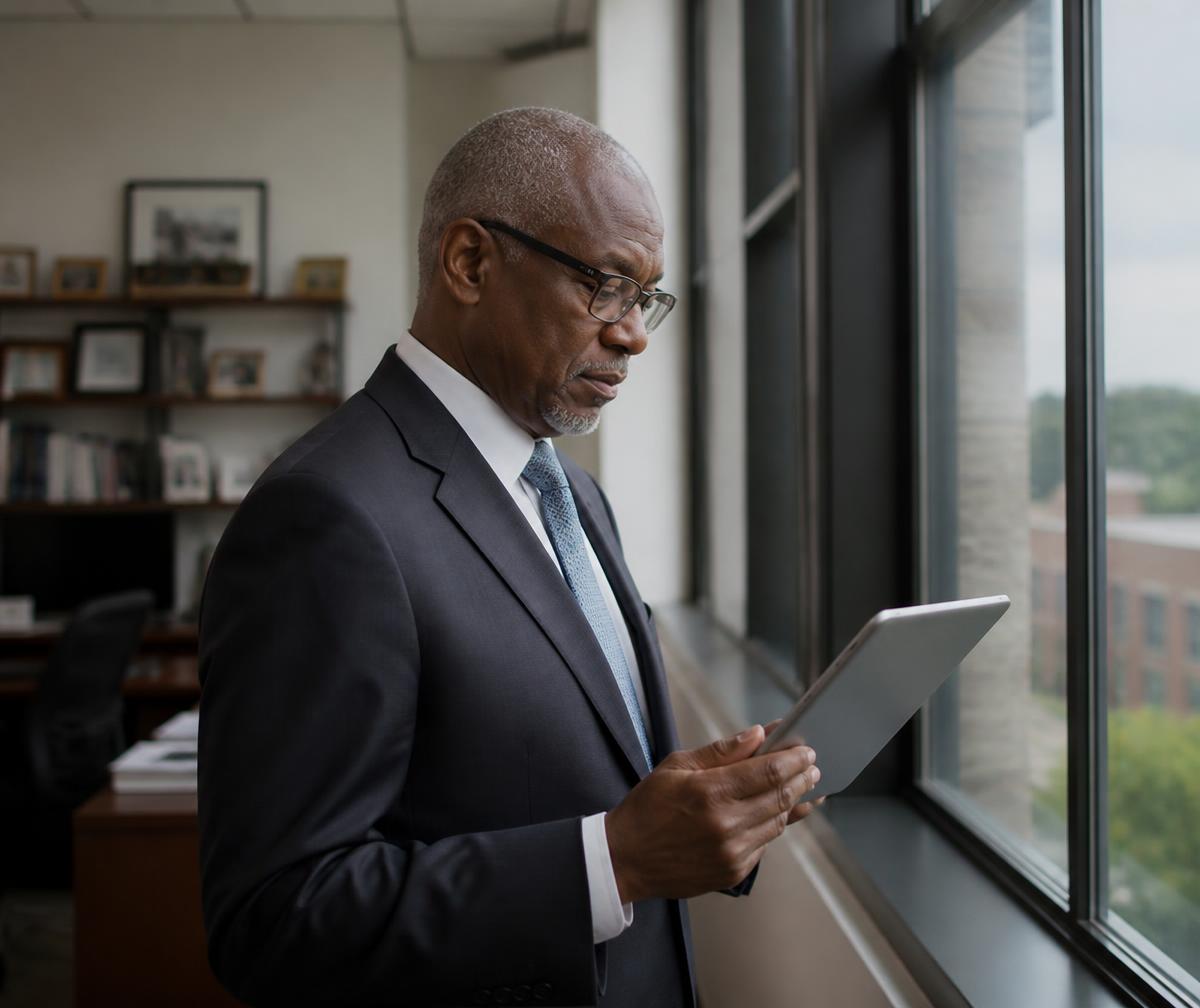 An organizational leader standing by a window reviewing implementation information on a tablet.