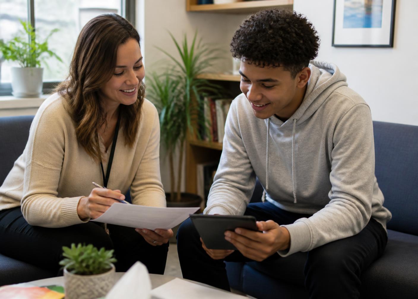 A school counselor reviewing a career plan with a high school student on a tablet.