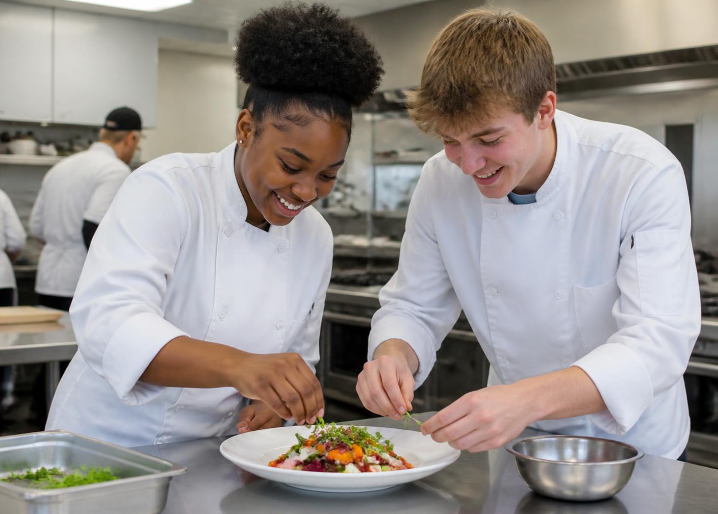 Two high school culinary arts students plating a colorful dish together in a school teaching kitchen.