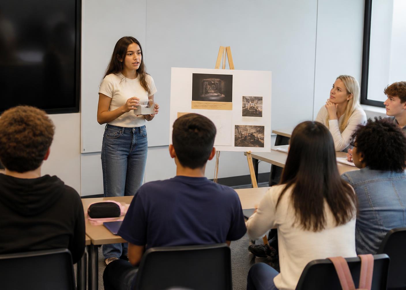 A high school student presenting her business idea with a prototype to classmates and a teacher.