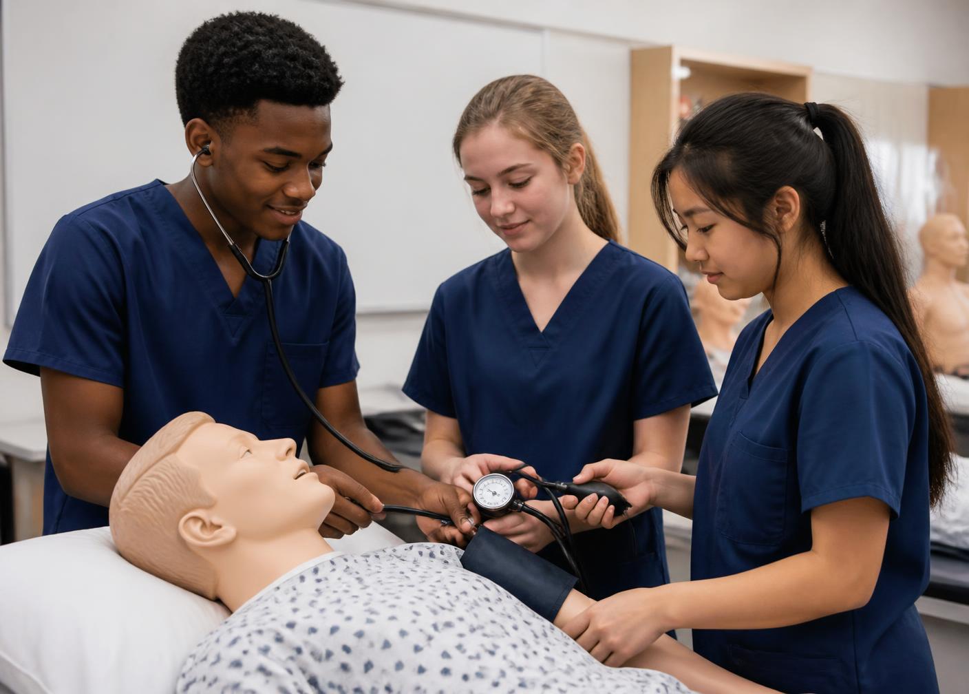 Three high school health sciences students practicing vital signs on a training mannequin in a school lab.