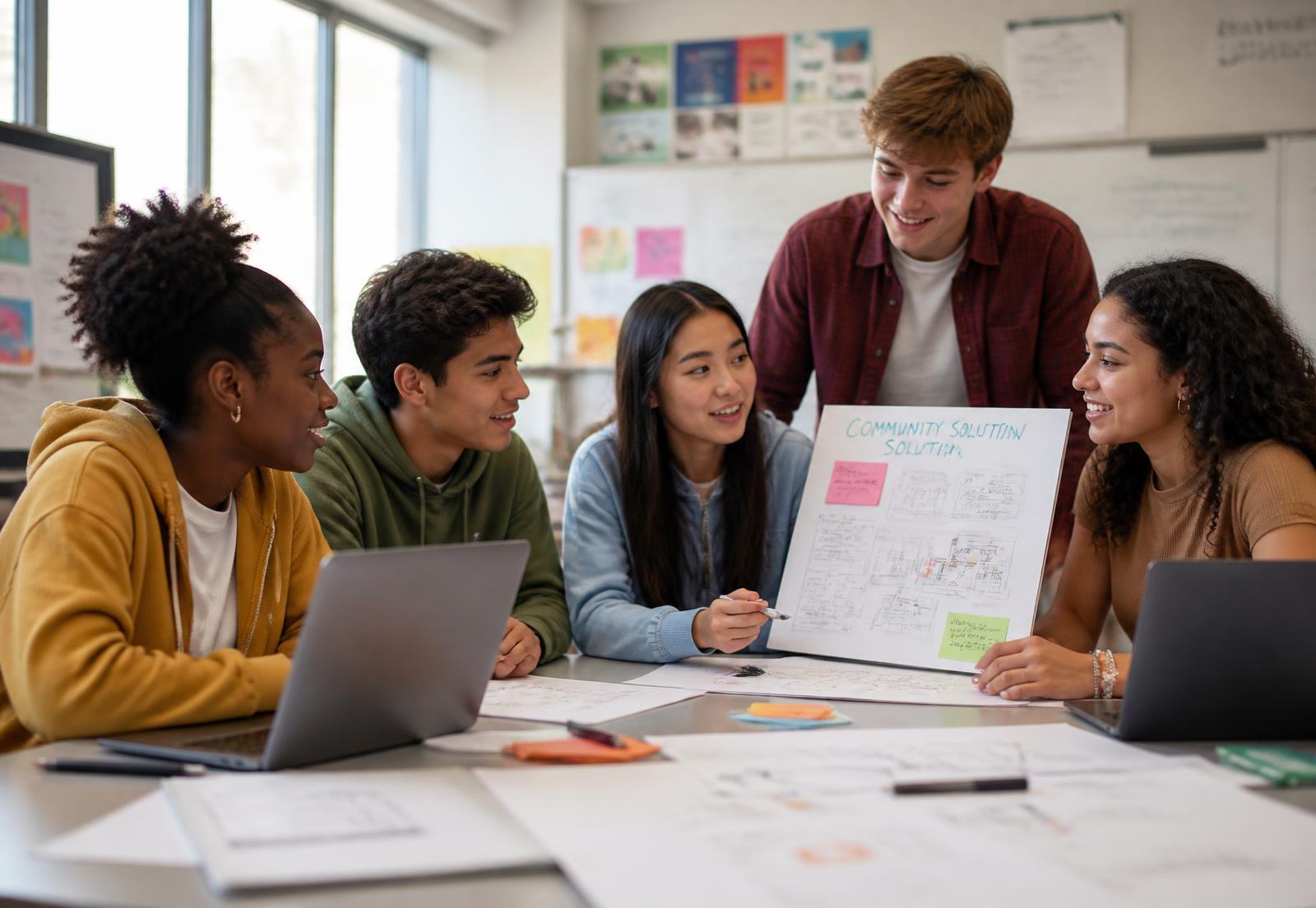 Five high school students of different backgrounds working together on a class project with laptops and a project board.