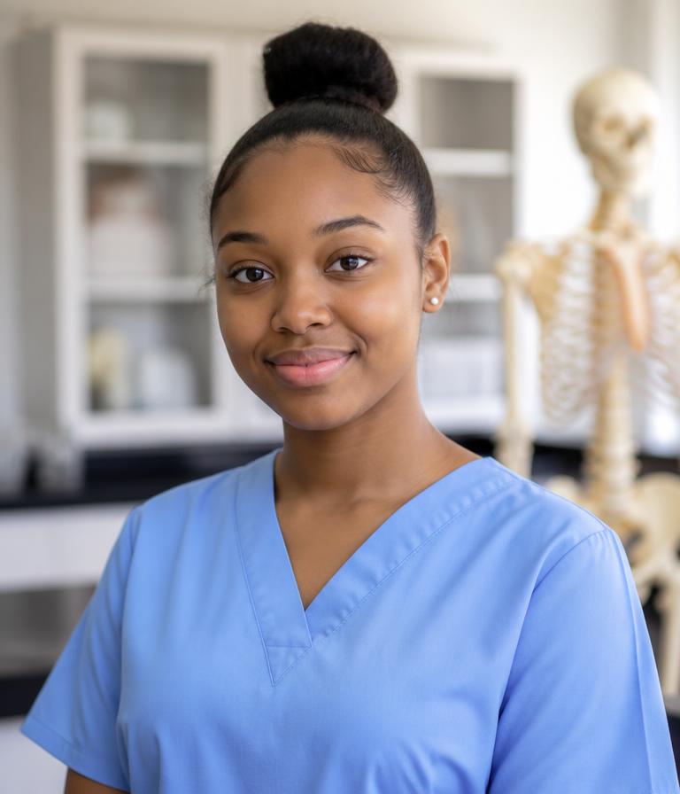 Sample student portrait: a teenage health sciences student in scrubs standing alone in a school lab.