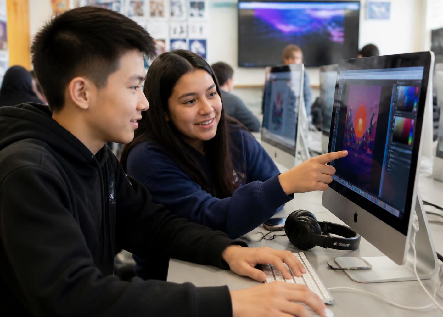 Two high school students editing colorful design work side by side in a school digital media lab.