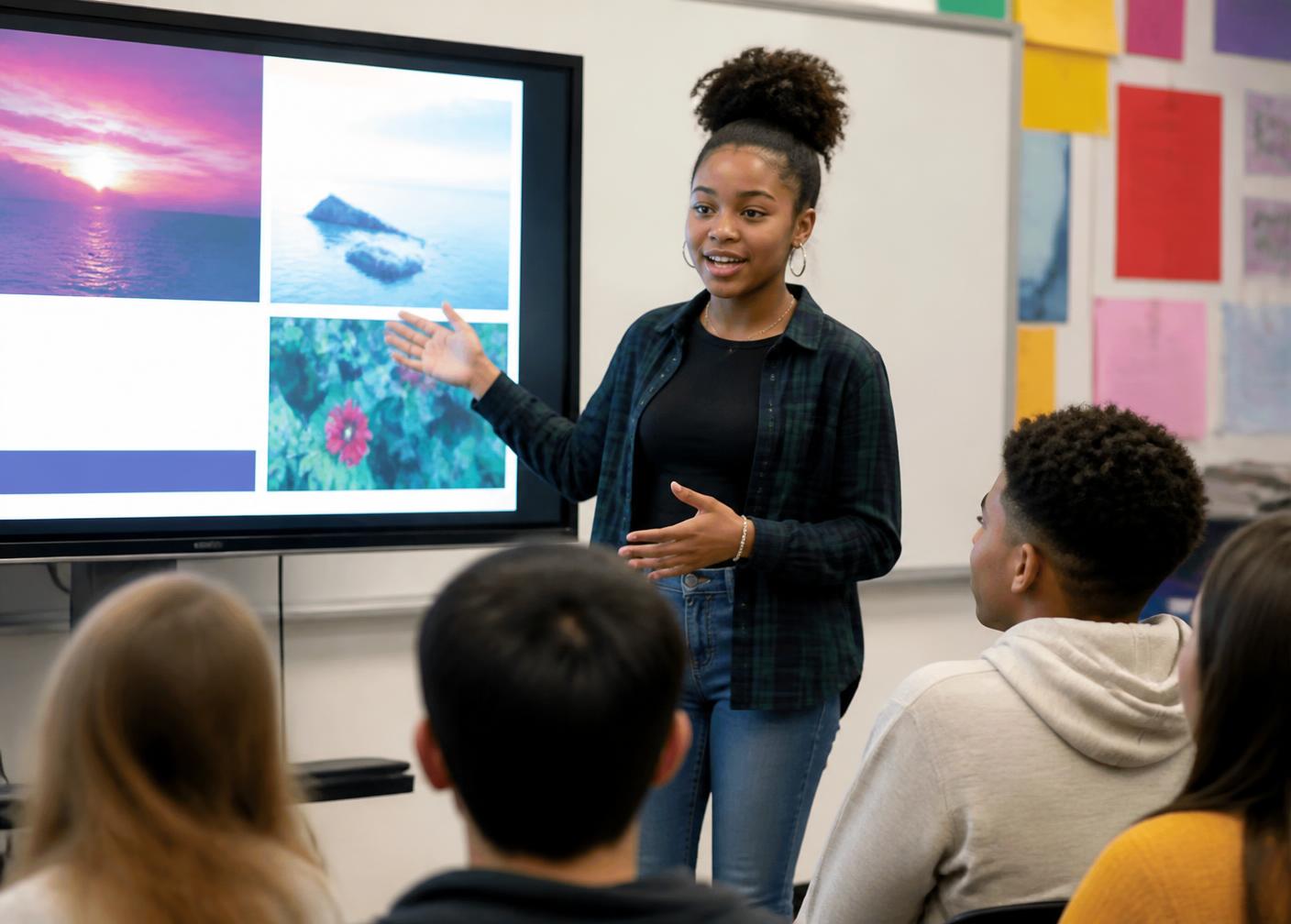 Sample project photo: a student presenting a wellness project to her class.