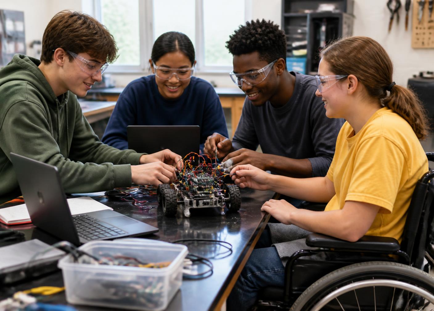 Sample project photo: students building and testing a project in a school lab.
