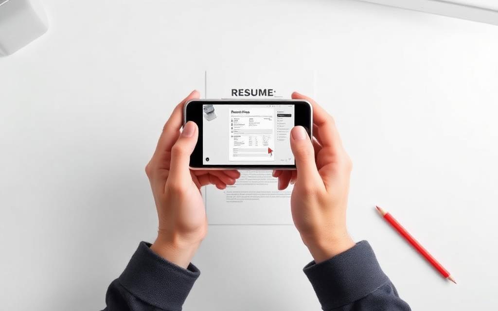 A phone photographing a paper resume on a desk
