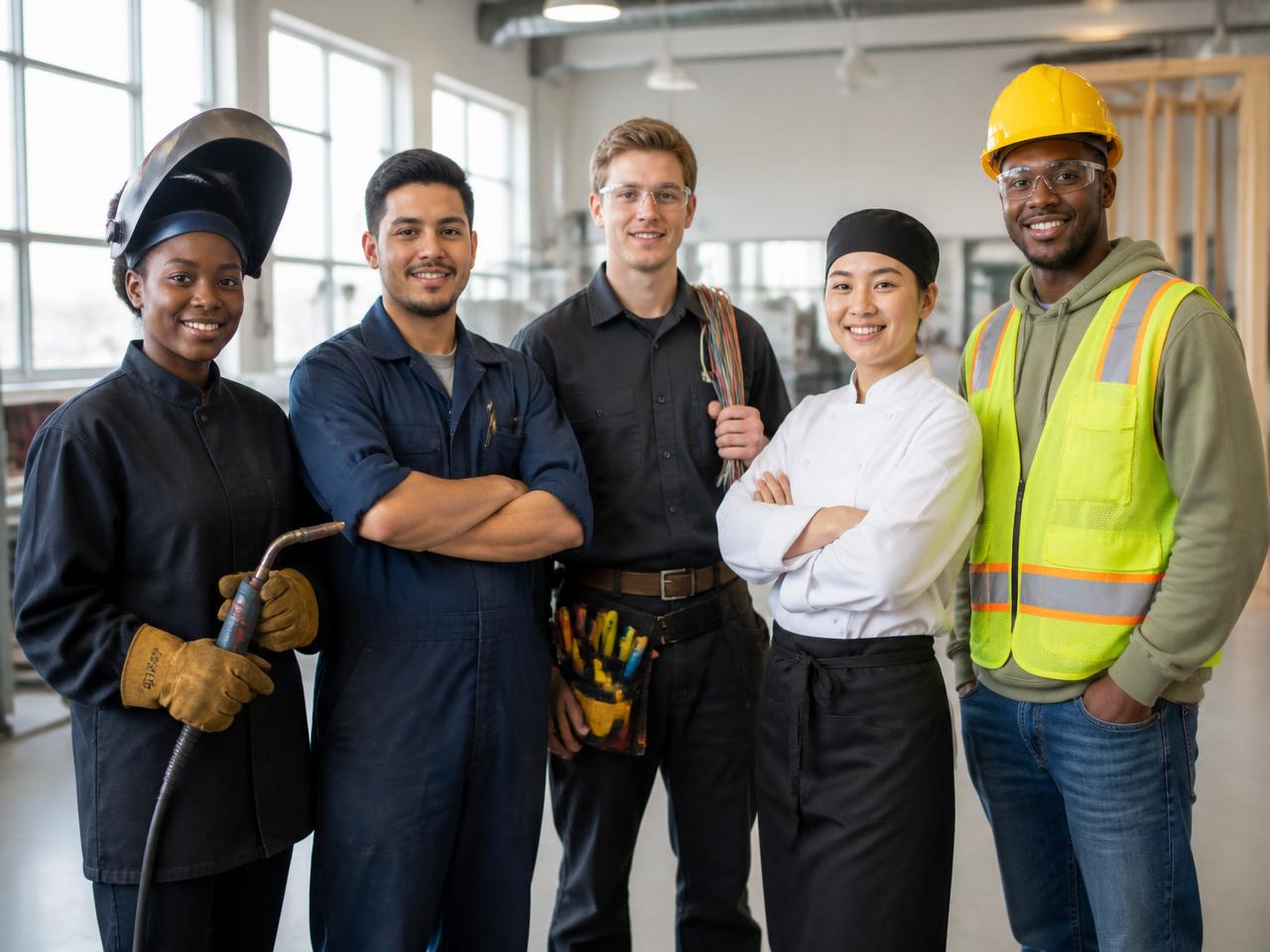 Five trade and vocational students — welding, automotive, electrical, culinary, and construction — standing together in a training facility