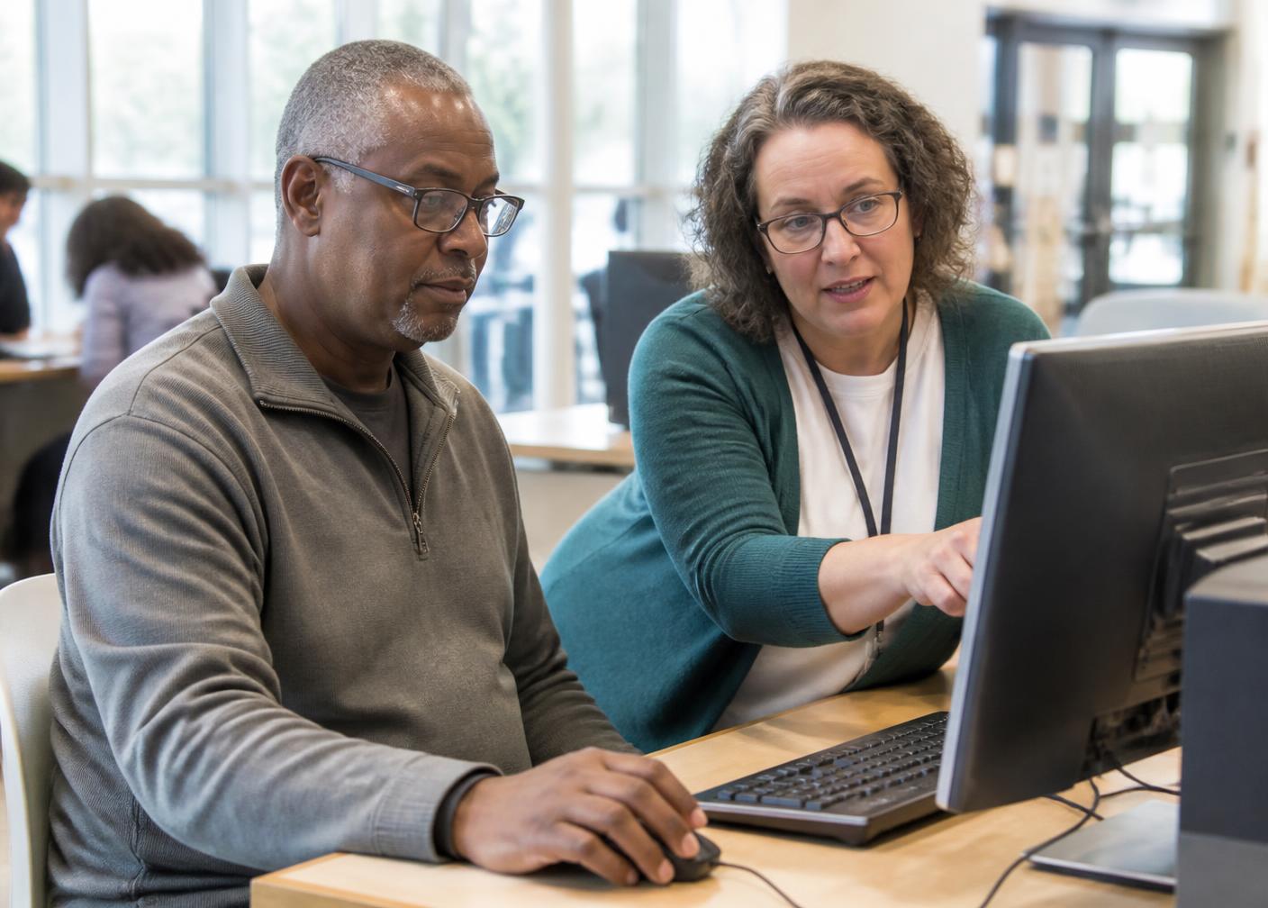 A staff member assisting an adult career changer as he completes an online job application.