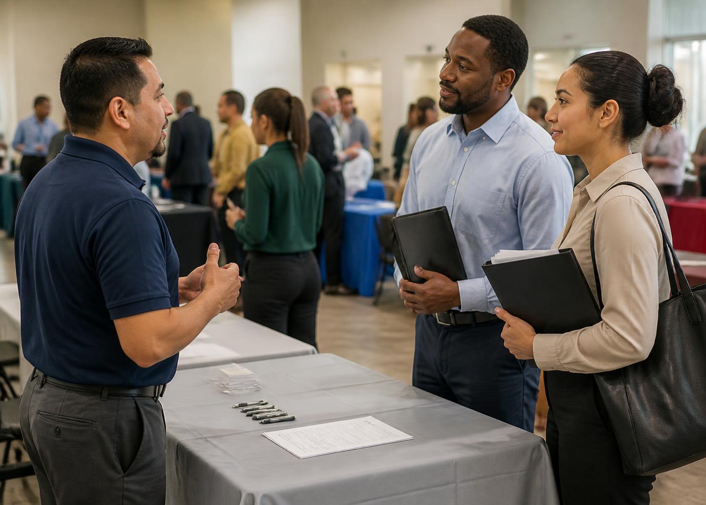 A recruiter talking with two adult job candidates at a community career fair table.