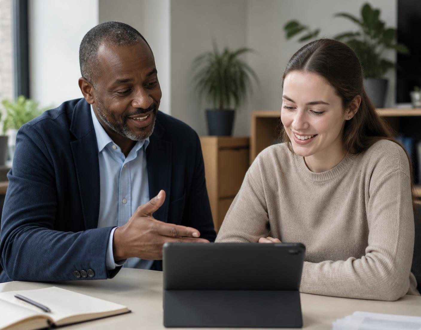 A career navigator sitting beside a participant, coaching her through her career profile on a tablet.
