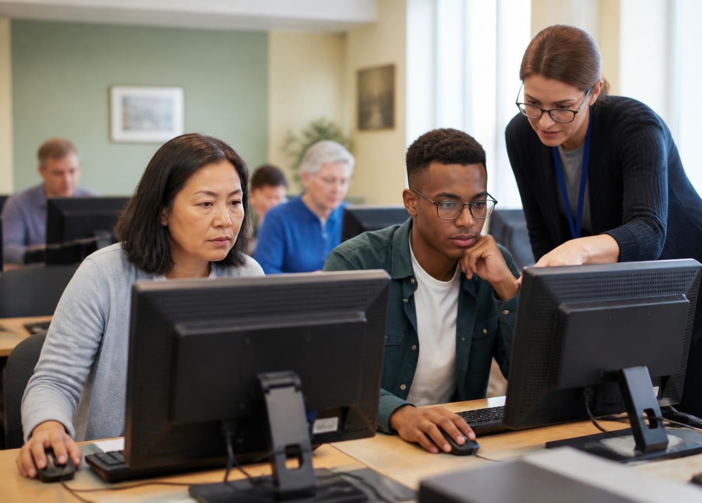 Adults of different ages working at computers in a digital skills class while a staff member helps.