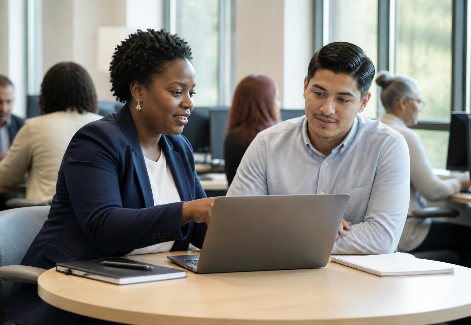 A career coach reviewing a participant's career profile with him on a laptop in a busy workforce career center.