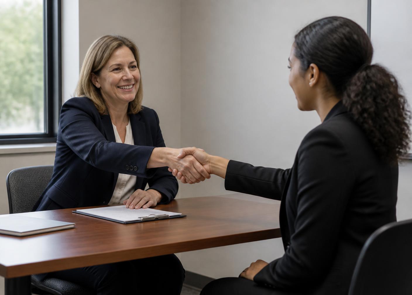 A mock interview practice session ending in a handshake between a coach and a candidate.