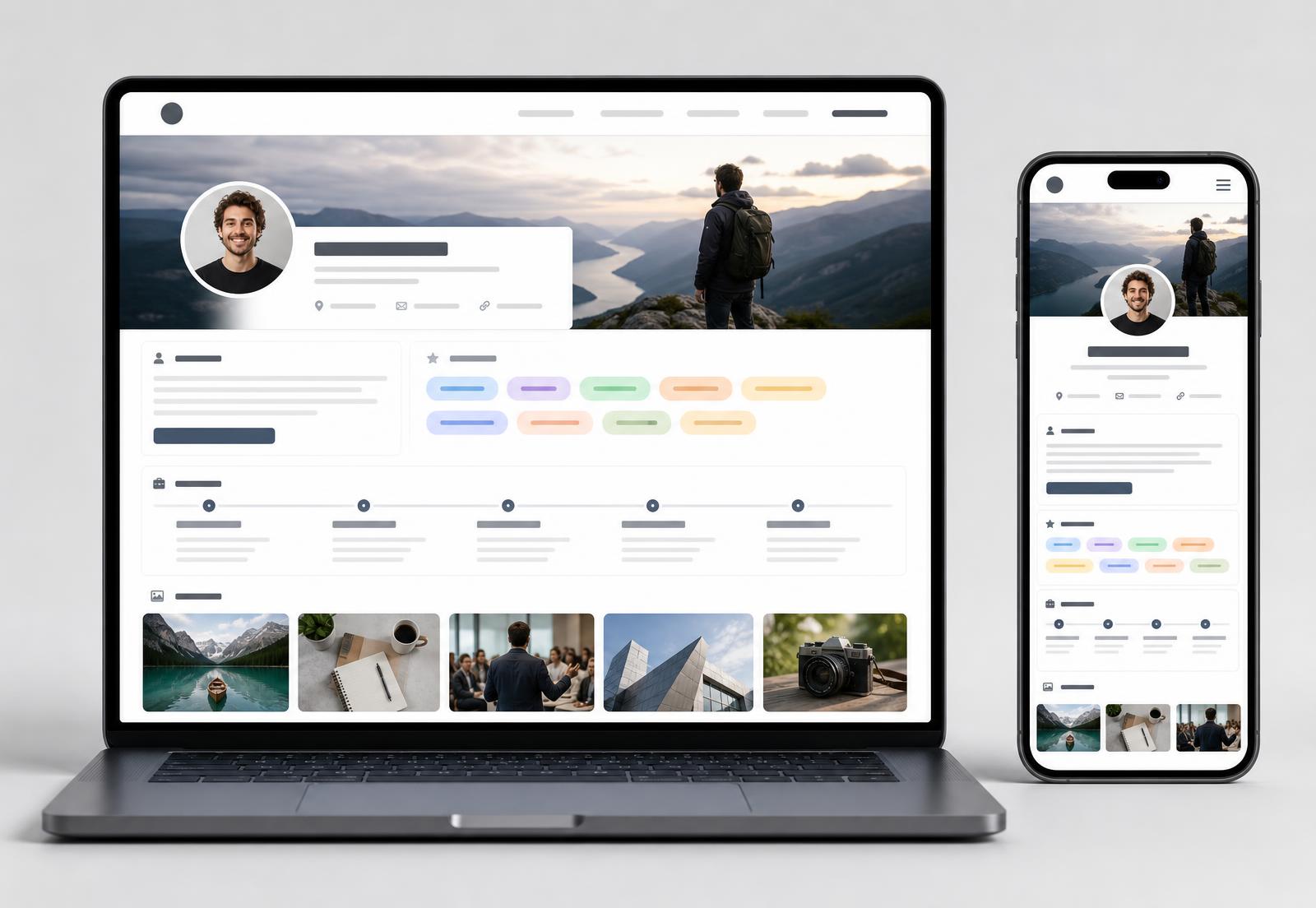 A laptop and phone side by side showing the VizID visual career identity layout: photo header, portrait, skill chips, timeline and a grid of work photos.