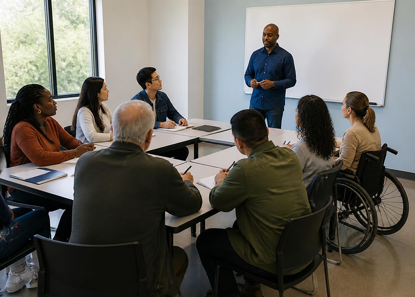 A diverse group of adults, including a woman using a wheelchair, taking part in a job-readiness workshop.